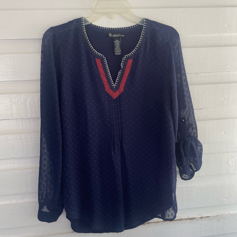 Contemporary Style Signature Studio Navy Blue Sheer Roll Tab Sleeve Top Size S